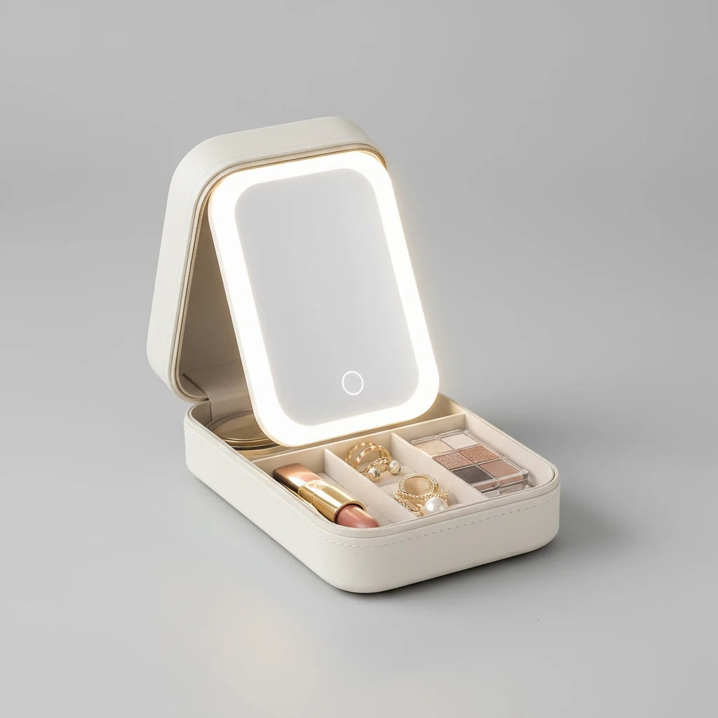 Portable LED Lighted Makeup Mirror Jewelry Box Organizer Travel Cosmetic Case USB Rechargeable Touch Control Vanity Mirror